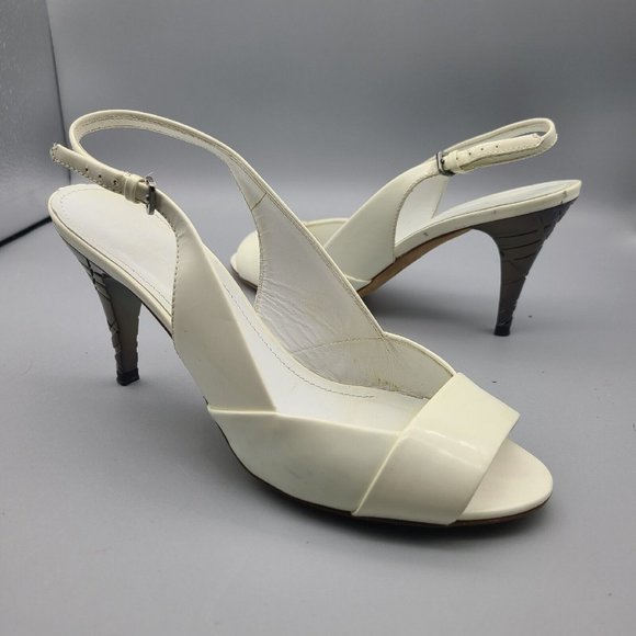 Burberry VTG Heels Women Sandals Sz.38.5 Slingback Pump White Bone Patent Metal - Picture 1 of 11